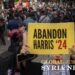 A protester holds a sign reading 'Abandon Harris' as she marches with others at Democratic National Convention before the start of event in Chicago, Illinois, on 19 August 2024 (Christian Monterrosa/AFP)